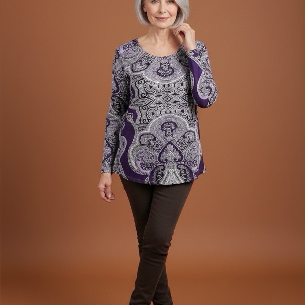 FYLO Women's Long Sleeve Top in Purple and White Paisley